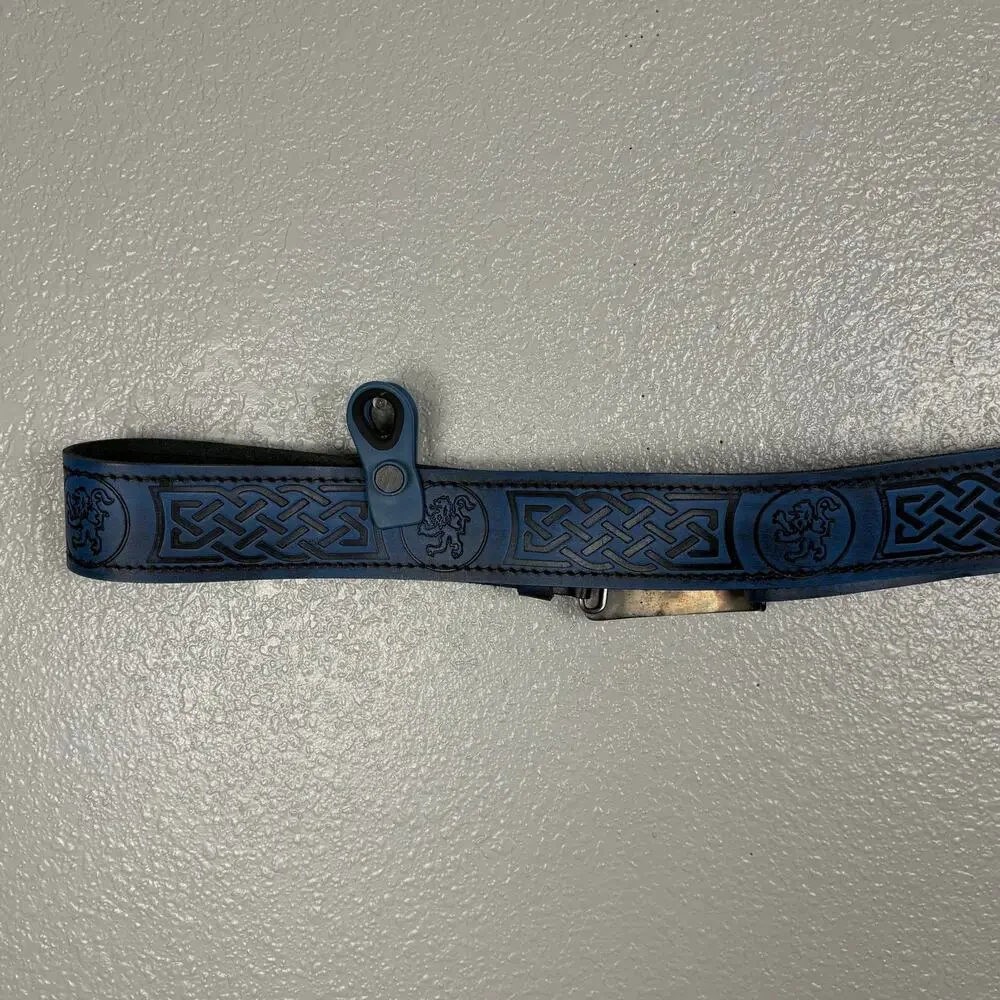 Size XXL Sport Kilt Belt Blue Gold Buckle Lion Black Filigree Detail Velcro